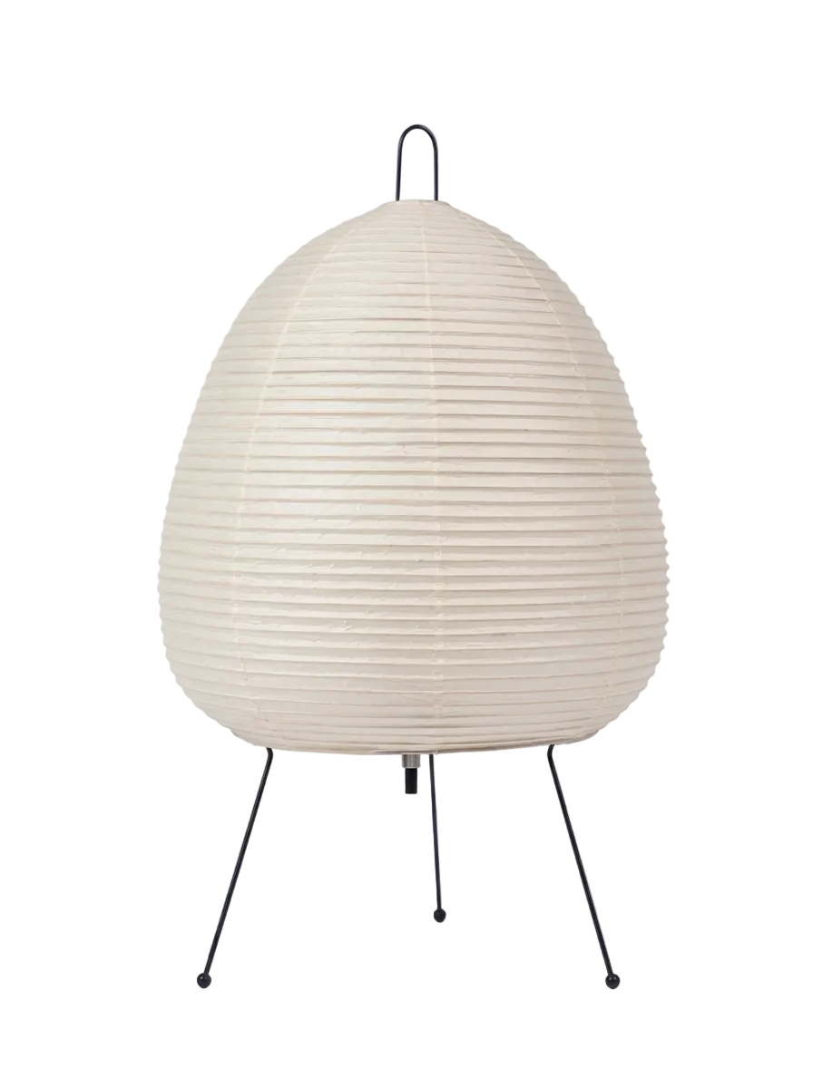 Tripod rice paper table lamp lit up - detail shot