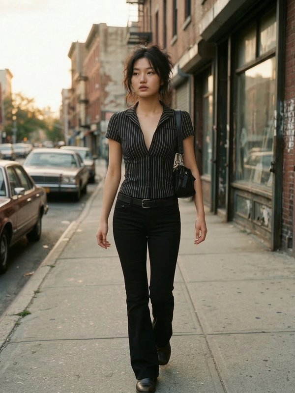 Pinstripe lace up back top on model