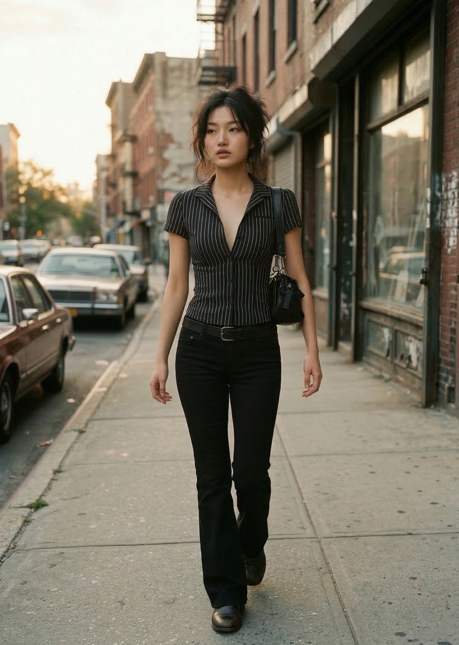 Pinstripe lace up back top on model