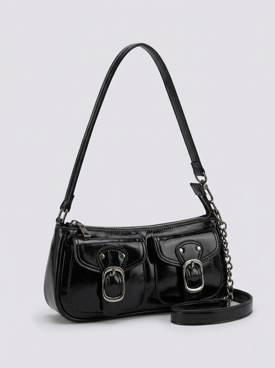Double pocket buckle shoulder bag in red - alternate view