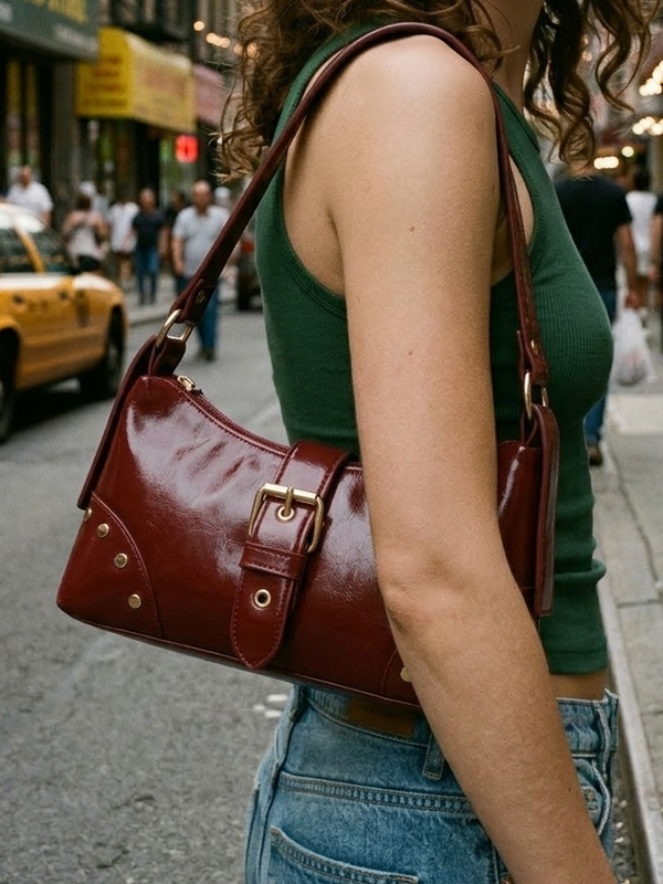Studded buckle shoulder bag flat lay