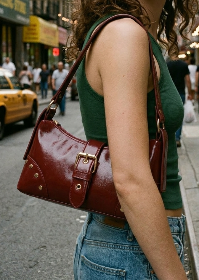 Studded buckle shoulder bag flat lay