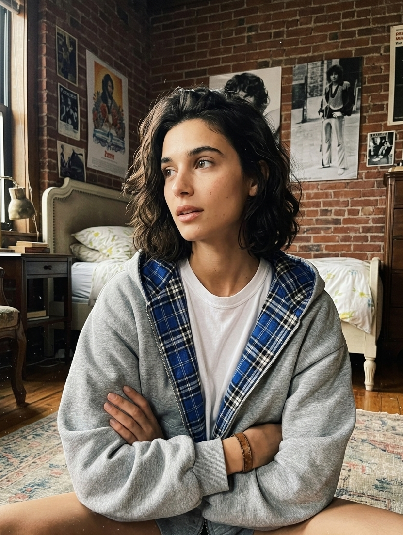 Reversible plaid zip hoodie on model