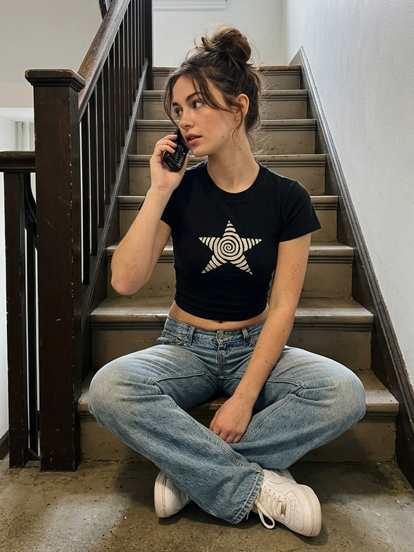 Spiral star graphic baby tee on model