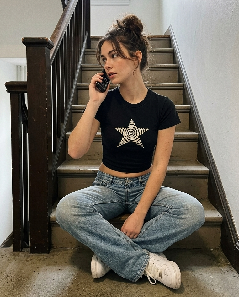 Spiral star graphic baby tee on model