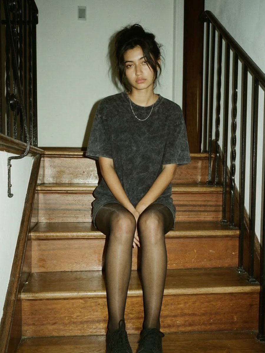 Oversized acid wash graphic t-shirt on model