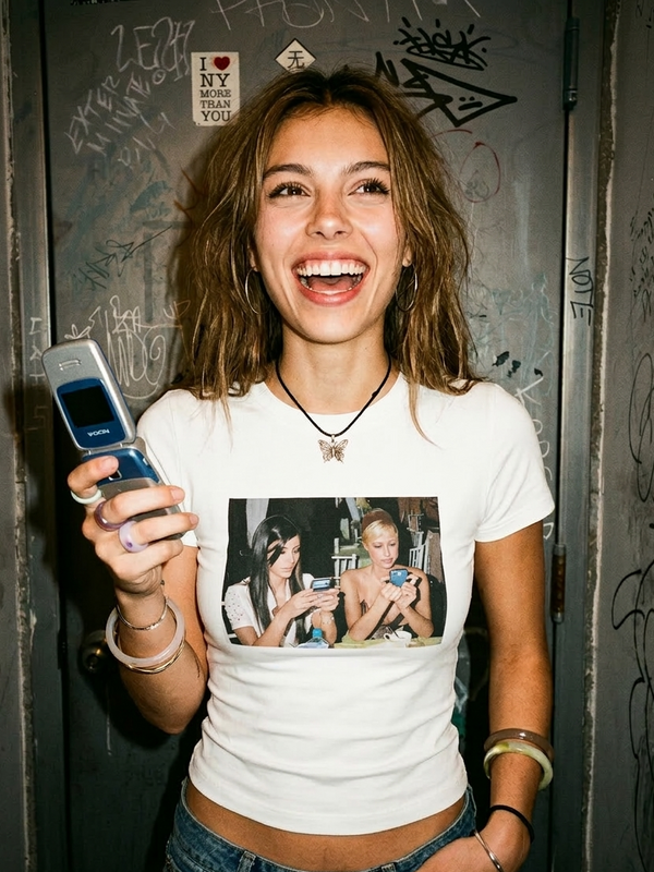Y2K it girl duo graphic baby tee on model