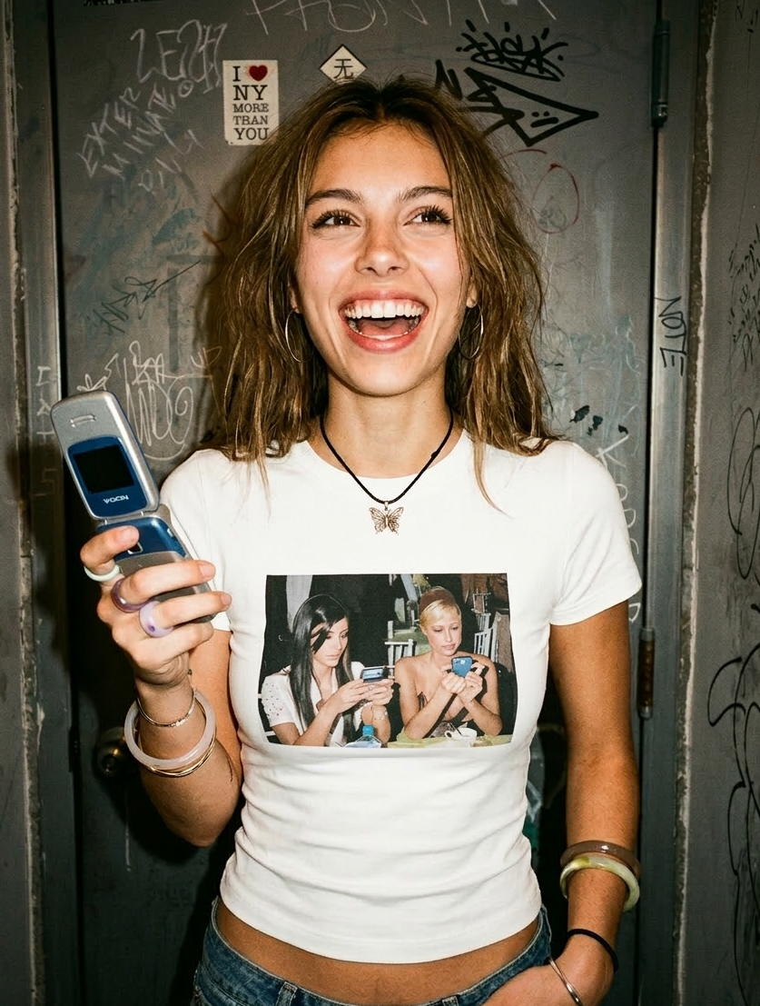Y2K it girl duo graphic baby tee on model