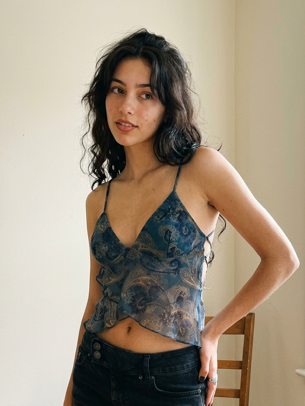 Sheer paisley mesh cami top on model