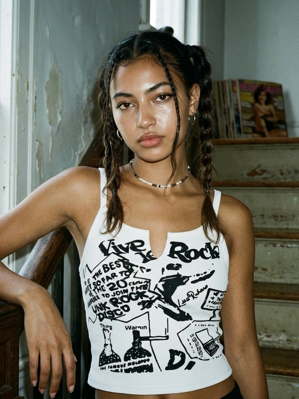 Punk graphic ribbed tank top on model