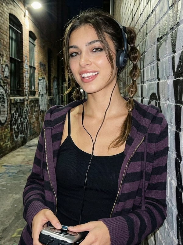 Purple striped zip hoodie on model