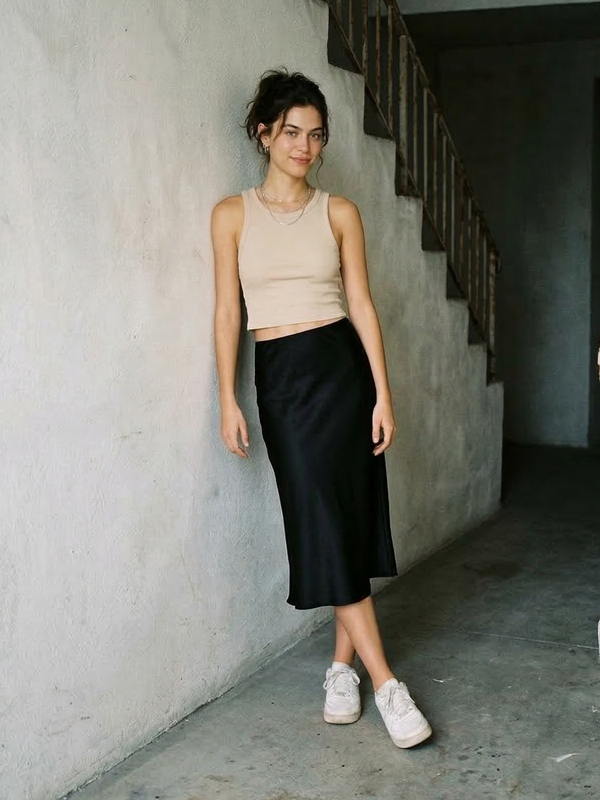 Black satin midi skirt on model
