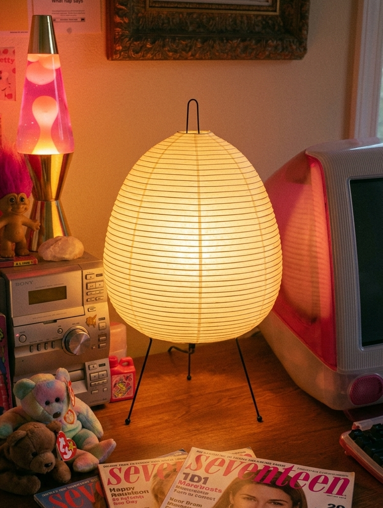Tripod rice paper table lamp lit up