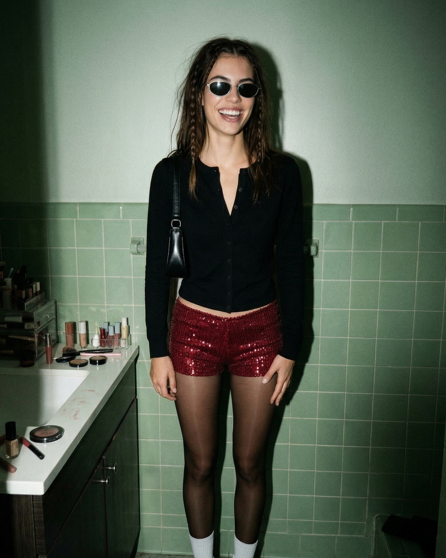 All-over sequin micro shorts on model - view 7