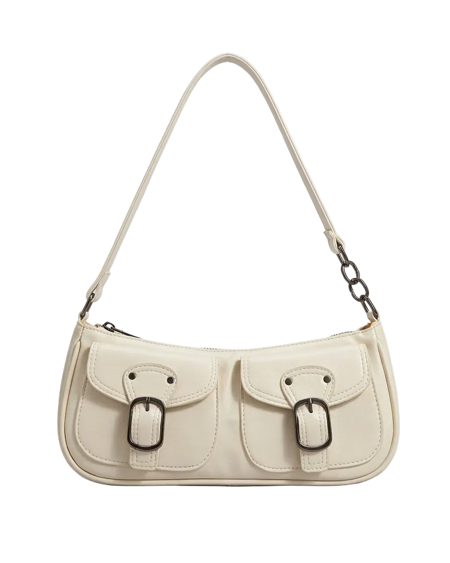 Double pocket buckle shoulder bag in red - detail shot