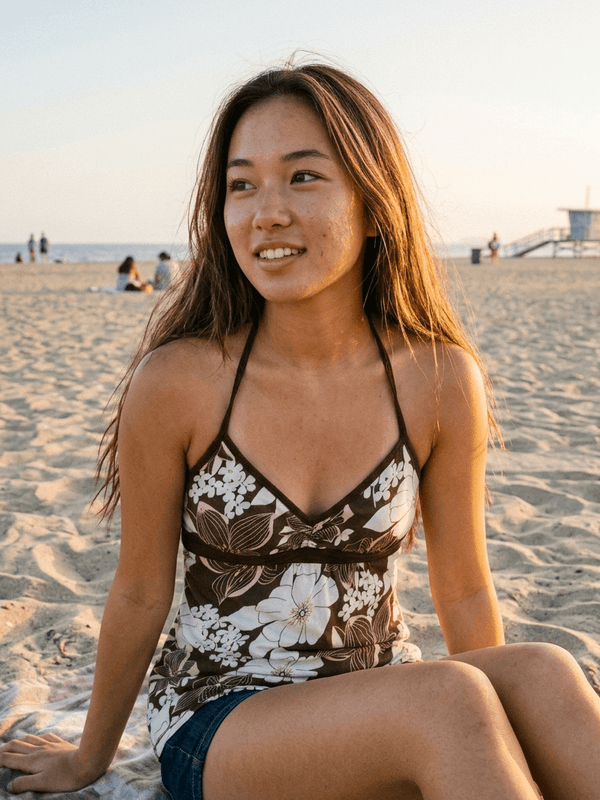 Brown tropical floral halter top on model