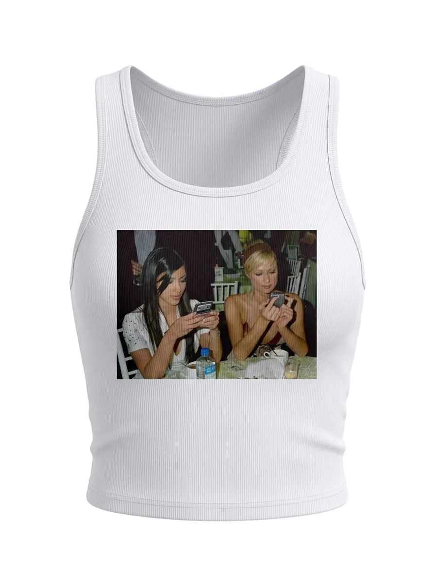 Y2K it girl duo graphic baby tee on model - detail shot