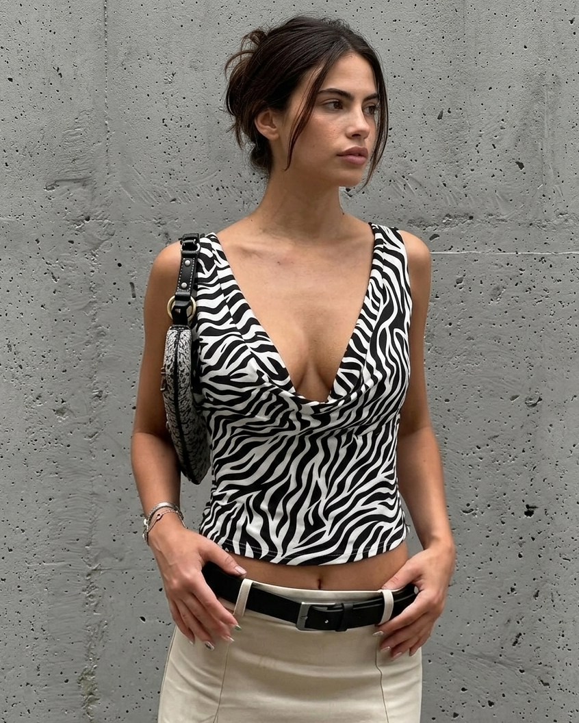 Zebra Print Draped Neck Backless Top